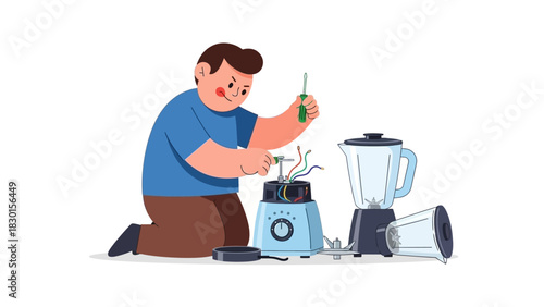 Focused man repairing a kitchen blender with tools and exposed wires, highlighting home appliance maintenance and DIY troubleshooting skills