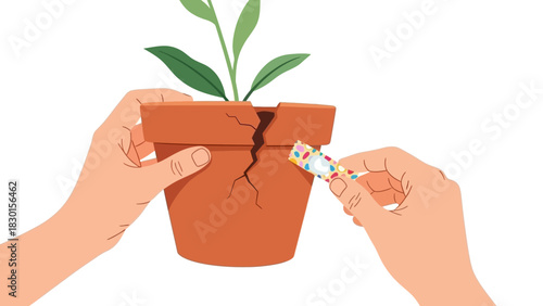 Hands diligently apply adhesive to mend a cracked terracotta plant pot, ensuring continued growth for the thriving plant within, symbolizing care and resilience