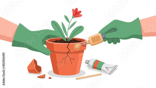 Repairing a Broken Flower Pot with Glue, Symbolizing Restoration and Care for Plants