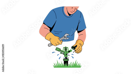 Man in gloves with a wrench repairing a sprinkler on grass