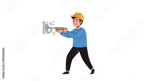 Electrician fixing a socket with screwdriver wearing safety helmet