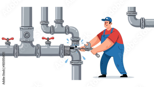 Plumber repairing leaking pipes with wrench, plumbing service and maintenance illustration