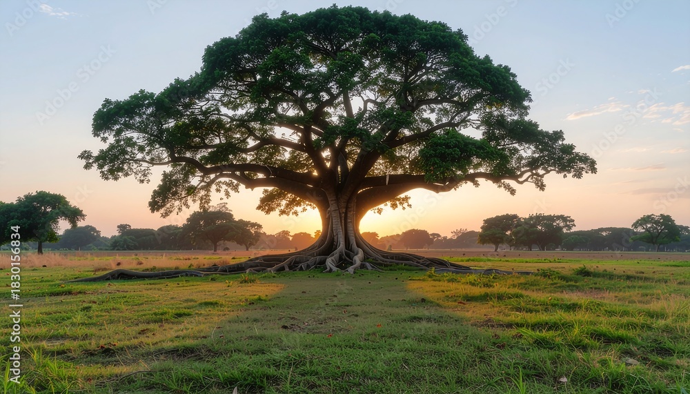 Fototapeta premium A solitary ancient tree with expansive roots stands majestically in a golden hour meadow, silhouetted against the vibrant dawn or dusk sky, symbolizing natural resilience and serene beauty