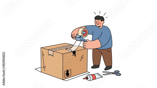 Man packing a cardboard box with tape dispenser and scissors, preparing for moving or shipping
