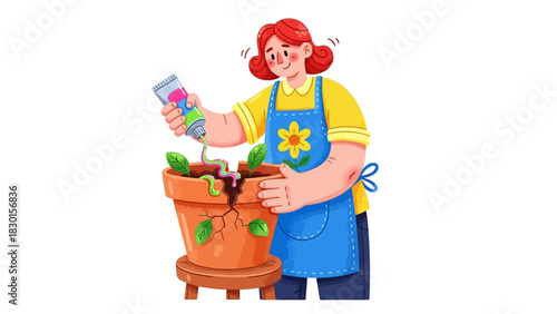 Caring woman in apron tending a potted plant, applying nutrients to foster healthy growth and mending the cracked pot