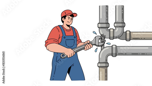 Plumber repairing leaking pipes with a wrench, water splashing from the joint, illustration of a service worker