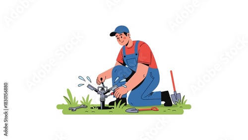 Illustration of a gardener kneeling, adjusting a sprinkler head on green grass, working outdoors