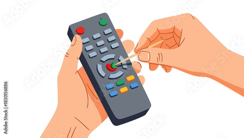 Hand meticulously cleaning a remote control with a cotton swab