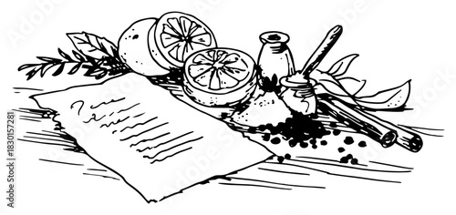 Hand drawn vintage lemon and cinnamon composition with recipe note vector sketch of kitchen ingredients