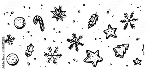 Hand drawn Christmas and winter doodle set Vector sketch illustration of snowflakes stars cookies and holiday elements