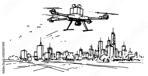 Hand drawn delivery drone flying with gift box over modern city skyline Vector sketch illustration of quadcopter carrying present above urban buildings