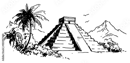 Hand drawn ancient Mayan pyramid temple with palm trees and mountains Vector sketch illustration of Aztec ruins in tropical landscape