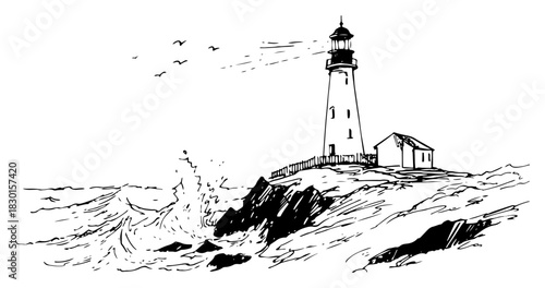 Hand drawn lighthouse standing on rocky cliff with crashing ocean waves Vector sketch illustration of nautical coast landscape and birds