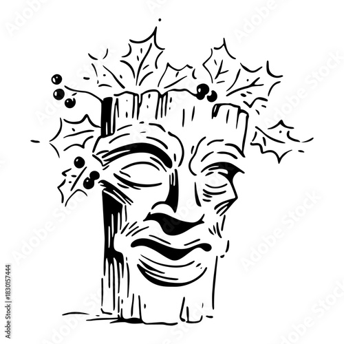 Hand drawn Tree Stump Face with Holly Leaves Black and White Doodle Vector Illustration