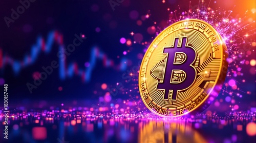 Golden Bitcoin Coin on Abstract Sparkle Background with Financial Chart