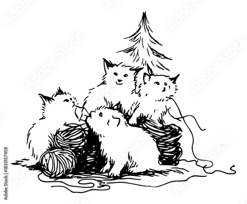 Hand drawn Kittens Playing with Yarn under Christmas Tree Black and White Doodle Vector Illustration