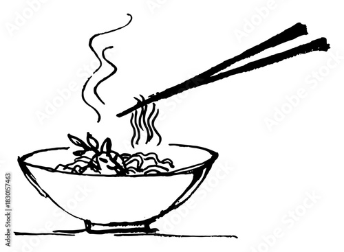 Hand Drawn Bowl of Steaming Ramen Noodles with Chopsticks Vector Illustration