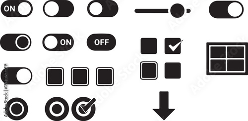 Minimal black silhouette UI icons on white background featuring toggles, sliders, checkboxes, radio buttons, dropdown arrows, layout grids, modern high-contrast UX symbols