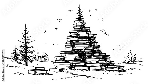 Hand drawn Christmas Tree Made of Books in Snowy Winter Landscape Black and White Doodle Vector Illustration