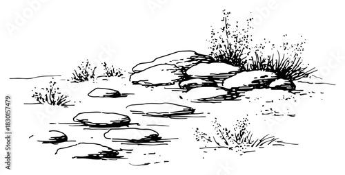 Hand Drawn Rocky Streambed with Stones and Grass Landscape Vector Illustration