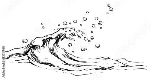 Hand drawn ocean wave curling with sea foam and bubbles Vector sketch illustration of surfing water splash and tide motion