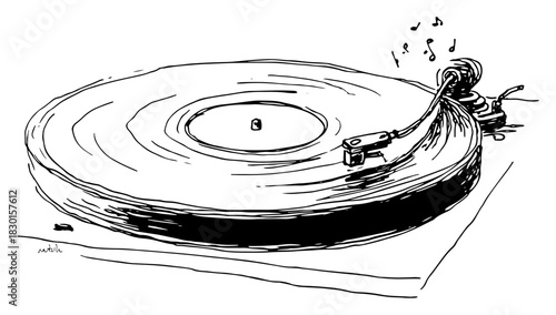Hand drawn vintage vinyl record player with musical notes vector sketch of turntable