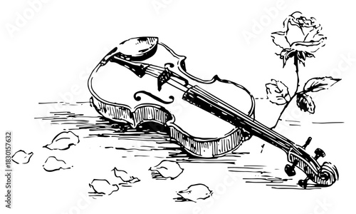 Classical violin musical instrument lying with rose flower and petals hand drawn vector sketch illustration of romantic melody