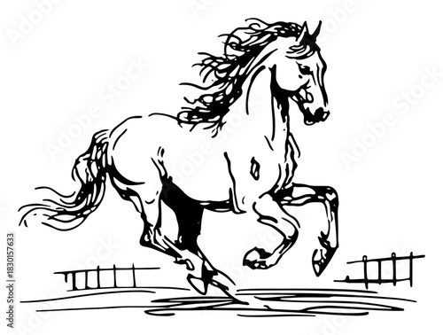 Galloping horse running fast near wooden fence hand drawn vector sketch illustration of farm animal motion
