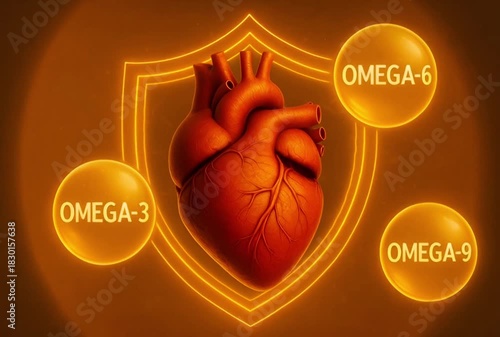Cardiovascular health, with a brightly lit anatomical heart amidst the shield symbol and surrounding essential fatty acid icons.