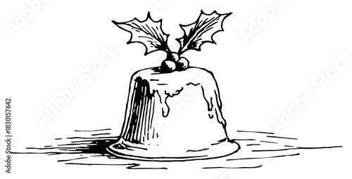 Christmas pudding dessert with dripping icing and holly leaves hand drawn vector sketch illustration of festive sweet treat