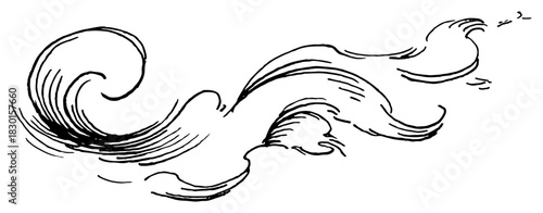 Hand drawn swirling wind gust or blowing air stream vector sketch of breezy weather element
