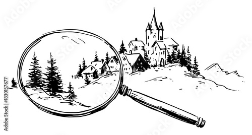 Hand drawn Magnifying Glass Revealing Winter Village and Castle Landscape Black and White Doodle Vector Illustration