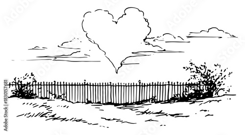 Hand drawn Heart Shaped Cloud over Countryside Fence Landscape Black and White Doodle Vector Illustration