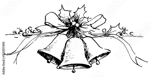 Hand drawn Christmas Bells with Ribbon Bow and Holly Black and White Doodle Vector Illustration