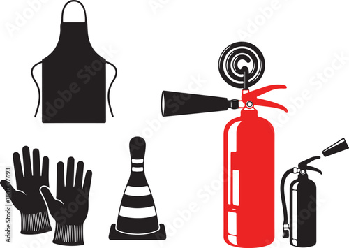 Safety equipment icon collection featuring apron gloves fire extinguisher and traffic cone safety measures