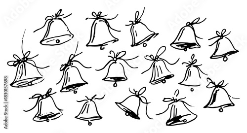 Hand Drawn Christmas Jingle Bells Pattern Set with Ribbons Vector Illustration