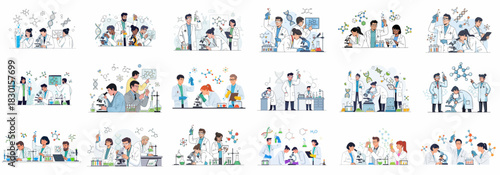 Diverse team of researchers performing chemical and biological experiments, analyzing data and microscopic samples in a modern science laboratory.