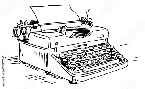 Hand drawn Vintage Typewriter with Paper Black and White Doodle Vector Illustration