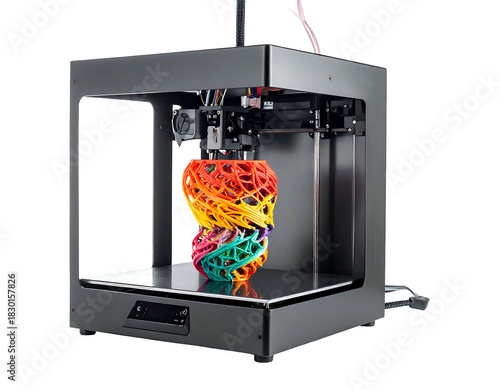 3D printer crafting a colorful, intricate sphere of intertwined plastic strands within a boxy enclosure