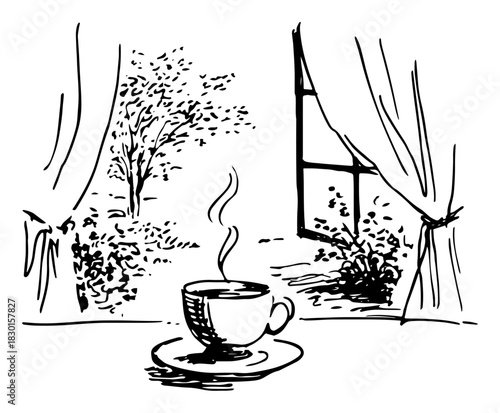 Hand Drawn Steaming Coffee Cup on Windowsill with Open Curtains Cozy Vector Illustration
