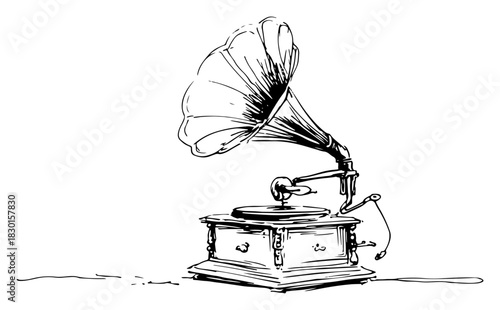 Hand Drawn Vintage Gramophone Phonograph Record Player Retro Vector Illustration