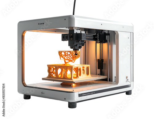 3D printer creating intricate geometric shapes with glowing filament inside a white enclosure with copper accents