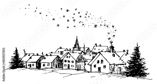 Hand drawn snowy winter village with chimney smoke turning into stars vector sketch of holiday town