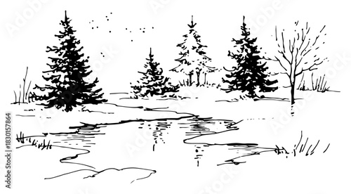 Hand drawn winter forest landscape with frozen lake and pine trees vector sketch of nature scenery