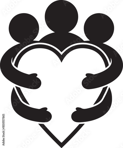 Three stylized human figures embracing to form a heart shape symbolizing community care love support and friendship in black silhouette