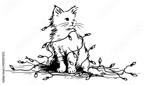 Hand drawn cute kitten tangled in Christmas string lights Vector sketch illustration of funny pet playing with holiday garland decorations