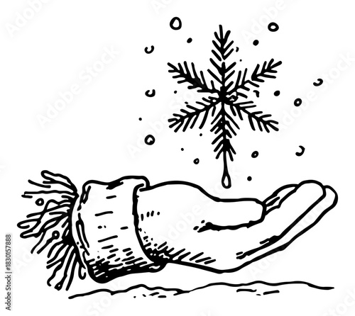 Hand in knitted mitten catching falling snowflake hand drawn vector sketch illustration of winter glove