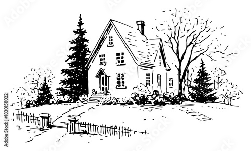Hand drawn country house with garden fence and trees Vector sketch illustration of residential home and real estate architecture