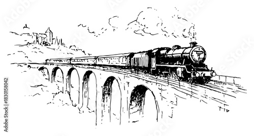 Vintage steam train locomotive crossing stone arch viaduct bridge hand drawn vector sketch illustration of railway travel landscape