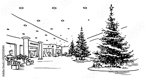 Shopping mall interior hall decorated with Christmas trees hand drawn vector sketch illustration of holiday retail store